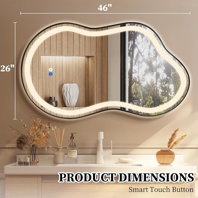 Irregular LED Bathroom Mirror with Lights, Cloud Smart Backlit Mirror, Dimmable Lighted Bathroom Mirror with Anti-Fog, Asymmetrical Vanity Mirror Hangable 2 Ways (Black, 26" x 46", 2 Pack)