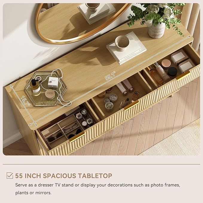 CARPETNAL Fluted Dresser and Nightstand Sets for Bedroom, 3 Pcs Bedroom Set, 9-Drawer Dresser & 2-Drawer Nightstand Set of 2, Modern Wood Chest of Drawers for Living Room, Entryway, Oak