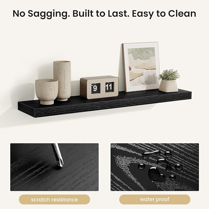 Fun Memories Floating Shelves for Wall, Rustic Wood Wall Mounted Shelves for Bathroom, Bedroom, Living Room & Kitchen, Storage Display Shelves, (Set of 2, Black, 36 in)