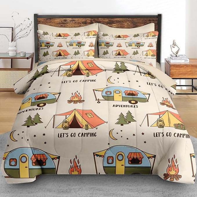 Pamnest Comforter Set Twin Size, Summer Camp RV 5 Pcs Bedding for Kids and Adults, Camping Adventure Bed Sheet Sets with Fitted Sheet Pillowcase & Sham for Bedroom Bed Decor