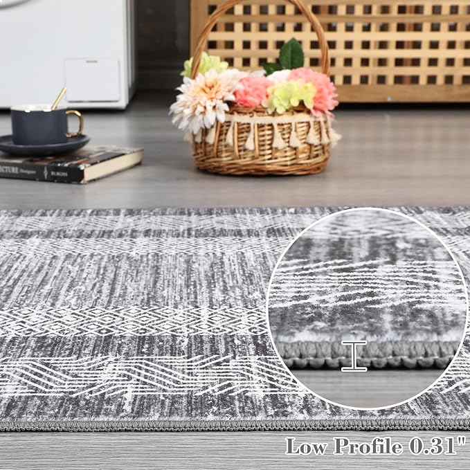 GarveeHome Washable 2.5x10 Kitchen Runner Rug, Easy Clean Geometri Rugs for Hallway Entryway, Indoor Outdoor Non Slip Rug Farmhouse Morden Carpet Door Mat Area Rug for Laundry Room Grey