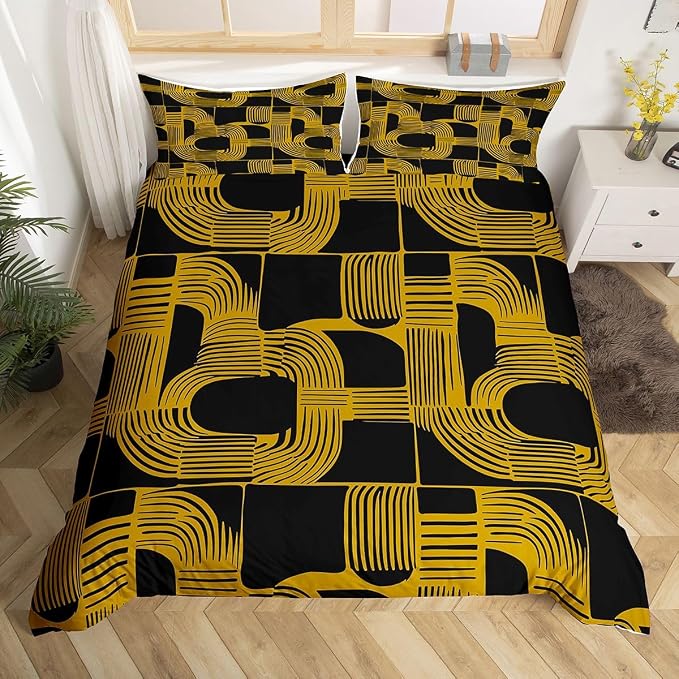 Boho Ethnic King Comforter Cover For Teens Geometric Stripes Duvet Cover Black Yellow Bohemian Striped Bedding Set For Kids Boys Adult Women Modern Simple Aesthetics Bed Sets With 2 Pillow Cases