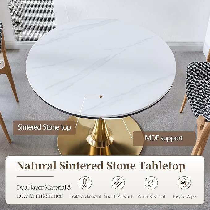 31.5 Inch Round Dining Table,Mid-Century Tulip Table with Metal Pedestal Base,Modern Leisure Table for Small Space Kitchen Dining Room,Easy Assembly,Gold and White