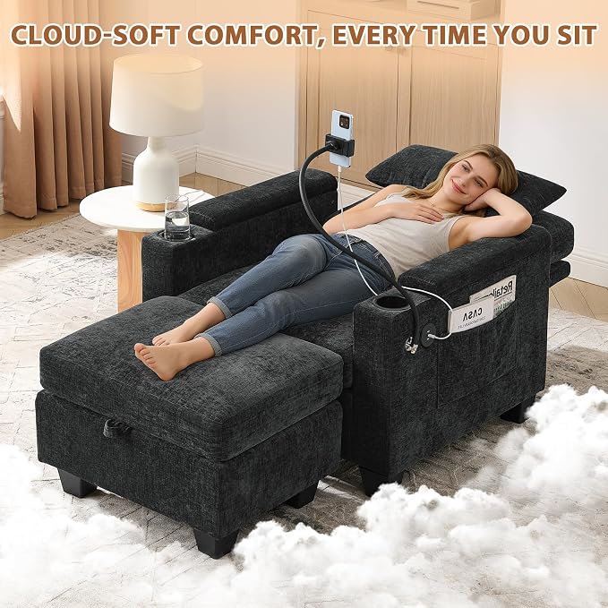 Oversized Chaise Lounge Chair Indoor, Single Convertible Recliner Reading Arm Sofa Chair W/Adjustable Backrest & Charging Port Couch Bed for Living Room, Home Theater & Bedroom, Black