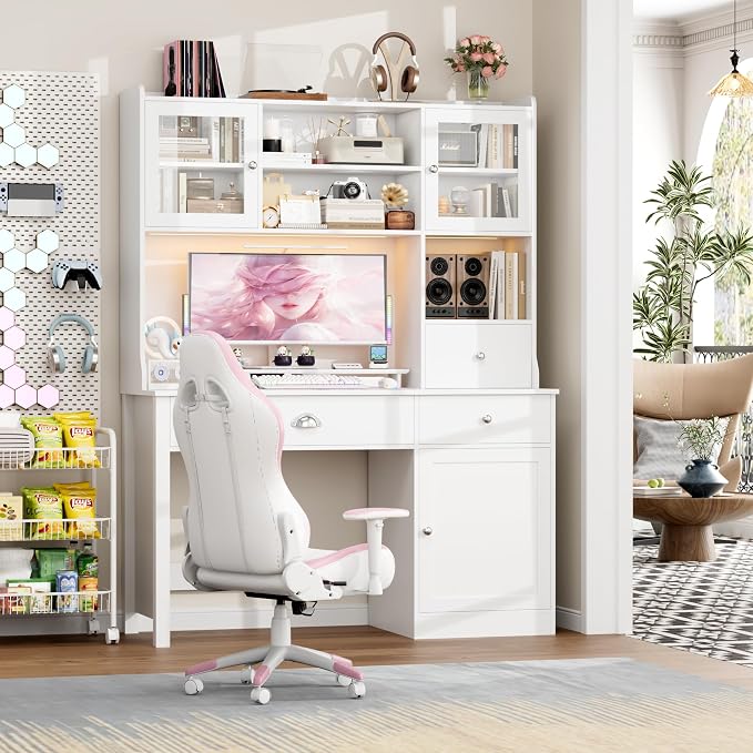FACBOTALL Computer Desk with Hutch and RGB Lights, 65" Office Desk with Power Outlet, Makeup Vanity with 3 Doors & 3 Drawers, Executive Desks for Home, Work and Study, White