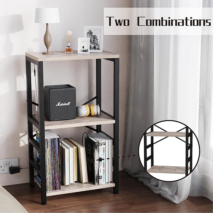 YAKANJ End Table with LED Light,Record Player Stand with Albums Storage,Vinyl Records Storage,Turntable Stand Side Table for Music Room Studio Living Room Bedroom-Greige