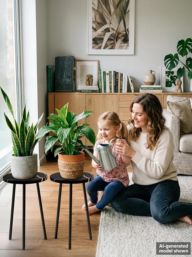 Plant Stand Indoor 2 Pack: Corner Wood 20 Inch Plant Stand Mid Century Modern Decor - Small Round Plant Table for Indoor Plants - Plant Holder for Patio Living Room Bathroom Office (Black Marble)
