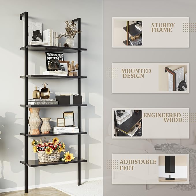 Furmax 5-Tier Bookshelf, Wall Mount Ladder Shelf with Wood Board and Industrial Metal Frame, for Home Office, Living Room, Bedroom, Entryway and Hallway, (1, Black)