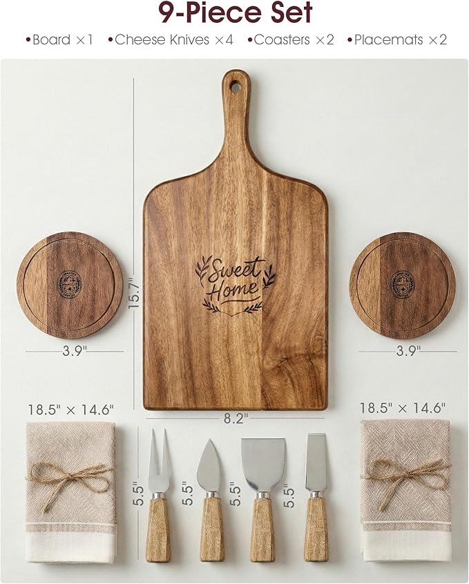 Charcuterie Board Gift Set, 9-Piece Acacia Wood Cheese Board with Knife Set, Elegant Serving Tray with Accessories, Gift Ready for Couples, Housewarming & Wedding