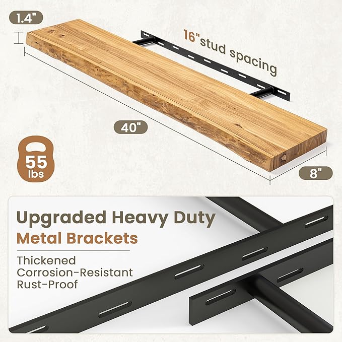 Fun Memories Floating Shelves for Wall Decor Set of 1-40 Inch Solid Elm Wood Live Edge - Rustic Natural Wall Shelves with Invisible Brackets - for Living Room, Bedroom, Kitchen - Natural Finish