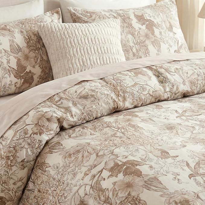 Khaki Floral Duvet Cover Queen Size 100% Cotton Vintage Botanical Duvet Cover Set 3 Pcs Soft Flower Bedding Set Breathable and Lightweight