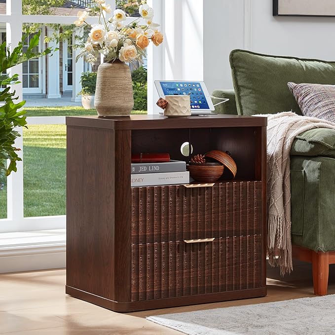 LEYAOYAO Fluted Nightstand with Charging Station, 23" Wide 2 Drawers Night Stand,Walnut End Table with Open Storage,Farmhouse Bed Side Tables, Wood Dresser for Bedroom, Living Room, Closet