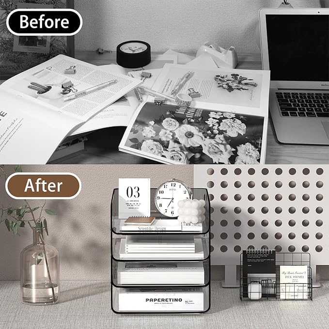 FANXIYQ 4-Tier Acrylic Paper Tray Organizer, Clear & Brown Stackable Desk Organizer for Documents, Files, A4 Paper, Mail, Books & Office Supplies, Office Classroom Home