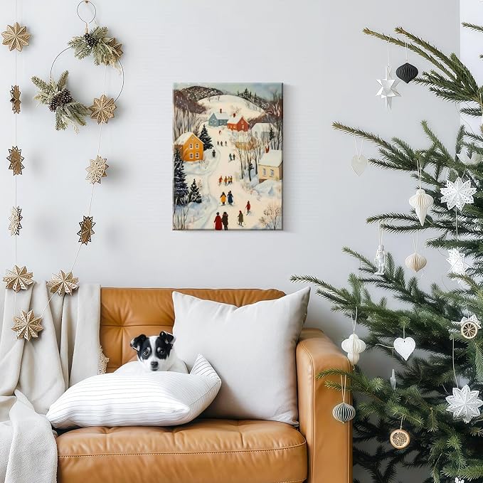 Framed Winter skiing Scene Canvas Wall Art Nordic Landscape Painting Print Poster Picture Gallery Wall Decoration Living Room Bedroom Dining room 16X24 Inch Ready to Hang