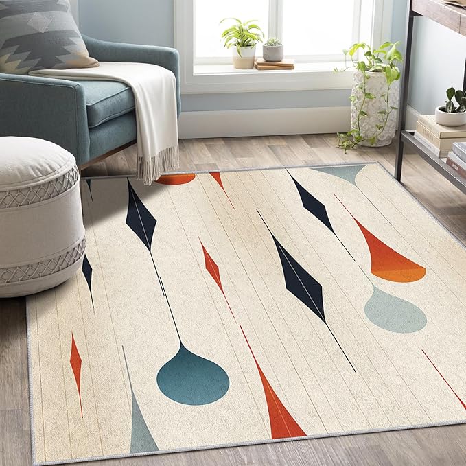 Mid Century Rugs for Living Room 6x6, Retro 50s Geometric Abstract Modern Pattern Design Area Rug, Mid Century Bedroom Decor Carpet, Non Slip, Washable (RG420)