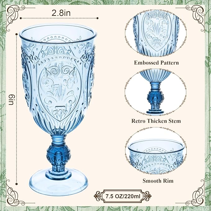 JLYLOL Plastic Wine Glasses 48Pcs Plastic Goblets 7.5oz Colored Retro Embossed Glassware Vintage Stemmed Drinking Cup Reusable Water Goblets for Wedding Reception Grand Event Party Bar,Whiskey (Blue)