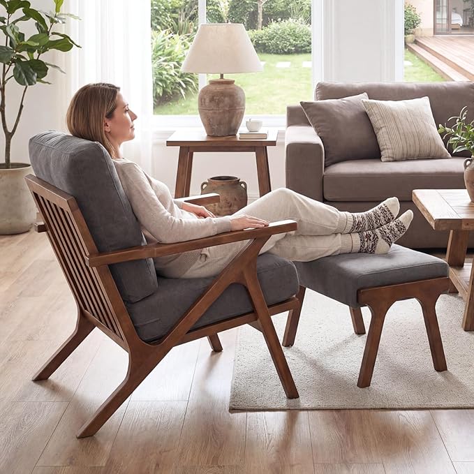 chairus Mid-Century Modern Accent Chairs with Ottomans Set of 2, Comfy Upholstered Lounge Armchairs with Solid Wood Frame, Reading Chairs for Living Room Bedroom Office, Grey Denim Fabric