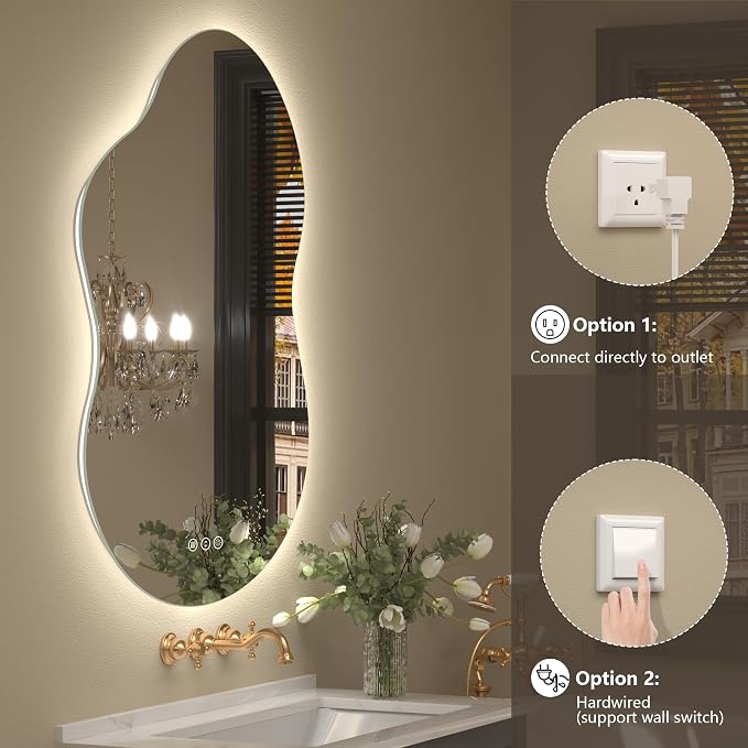 48x26 Inch Irregular LED Backlit Bathroom Mirror, Asymmetrical Cloud Led Lighted Vanity Mirror for Wall, Anit-Fog, Dimmable, Memory, Shatterproof (Horizontal/Vertical)