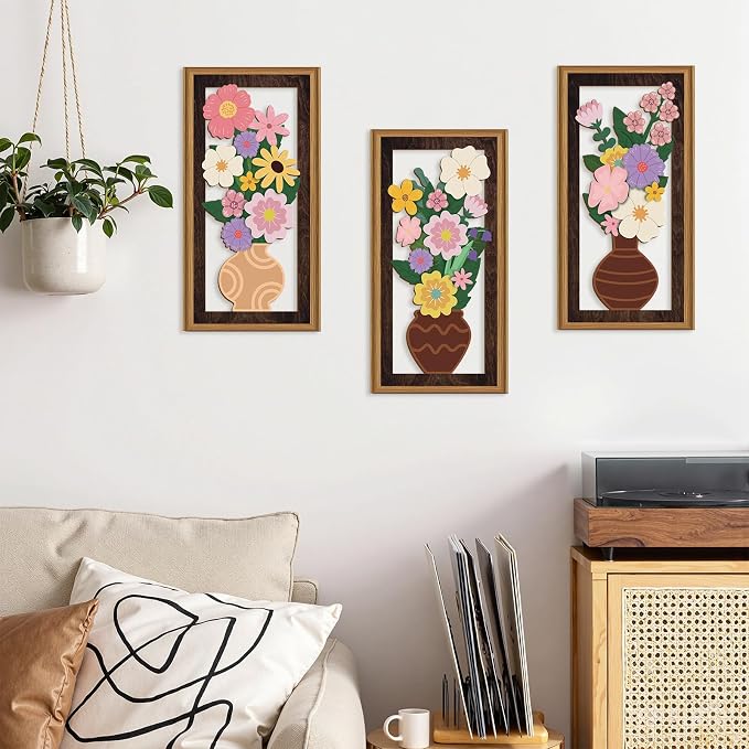Celestdeco 3 Pcs Boho Flower Wall Decor,Boho Flower Wood Wall Art,Bohemian Floral Artwork Wooden,Pink Wildflower Wood Art Set,Flowers Potted Plant Bohemian Artwork for Living Room Bedroom Office