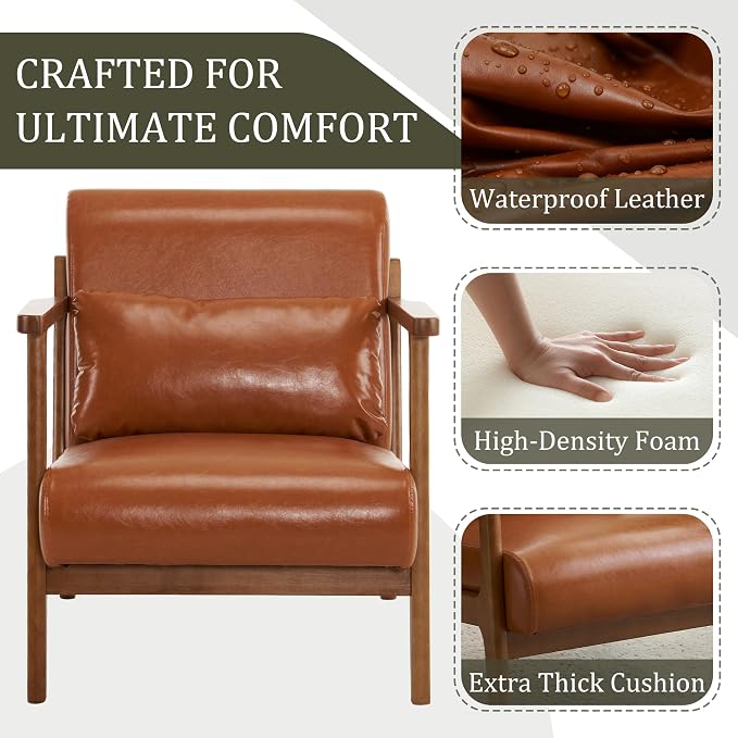 Accent Chair and Ottoman Set, Mid-Century Modern Faux Leather Armchair with Solid Wood Frame for Living Room, Bedroom, Balcony, Brown