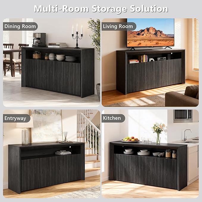 66.2" Buffet Cabinet with Storage and led Lights,Modern Sideboard Cabinet with 4 Doors & Shelves,Fluted Media Console Mid Century Coffee Bar Table for Living Room Kitchen Dining Room Hallway,Dark Grey