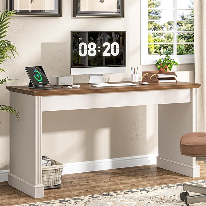 Vabches Farmhouse 59" Executive Simple Sturdy Computer Desk,Spacious Workstation for Home Office, Remote Work & Study,White