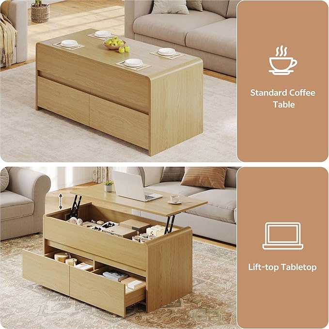 Coffee Table Lift Top, 40 Inch Multi-Function Coffee Table with 2 Drawers, Hidden Compartment, Curved Profile Design, Converts to Home Office Table, Dining Table for Living Room, Natural