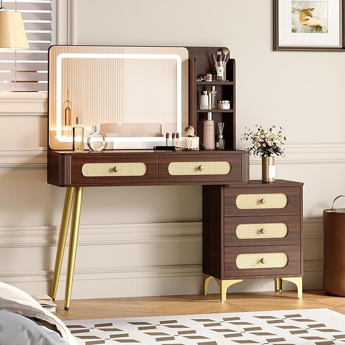47" Vintage Makeup Vanity Table with Mirror & Lights Dark Walnut Vanity Desk with 3-Color Dimming Light 5 Drawers 3 Open Shelves Mid-Century Modern Vanity with Rattan Decor & Metal Legs