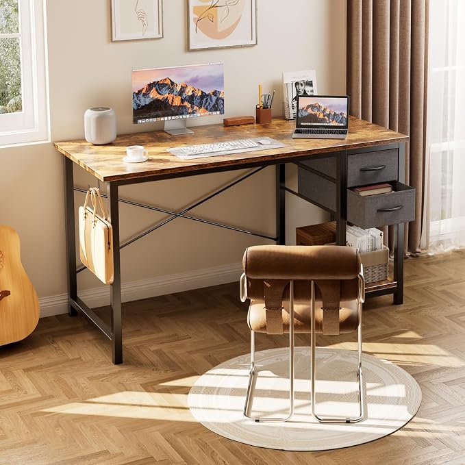 Sweetcrispy 47 Inch Computer Desk with Drawers for Home Office Writing Desk X Shaped Reinforcement Wood Surface Adjustable Position Modern Study Work Side Hook Metal Frame Storage Station Rust