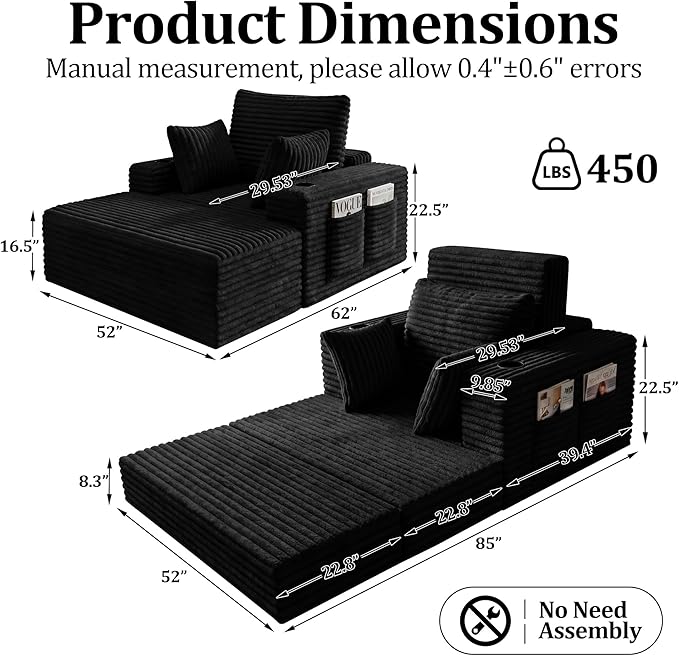 85" Oversized Chaise Lounge Chair Convertible 2-in-1 Boneless Sleeper Couch Bed Indoor Comfy Cloud Corduroy Reading Armchair sofa with Storage Pockets&Cup Holders for Bedroom,Living Room,Black
