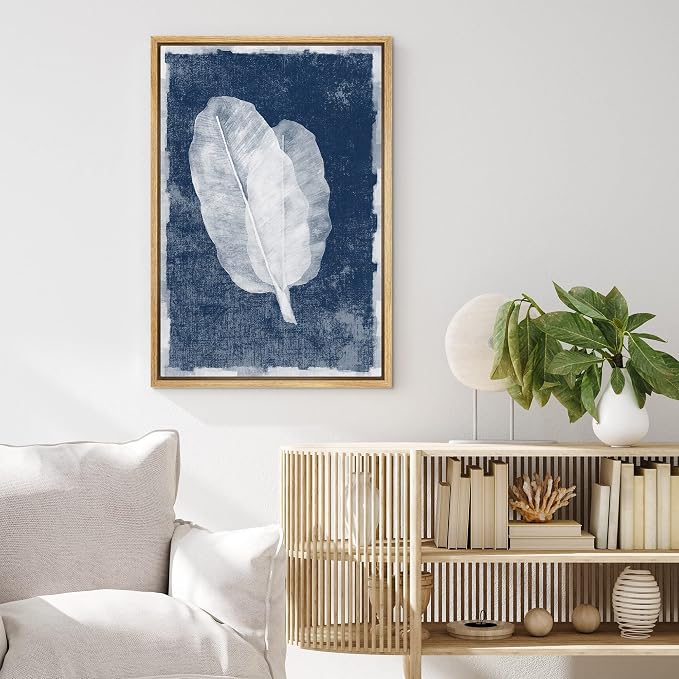 MUDECOR Framed Canvas Print Wall Art Faded White Transparent Leaves Nature Wilderness Illustrations Modern Art Nautical Relax/Calm Blue Ultra for Living Room, Bedroom, Office - 24"x36" Natural
