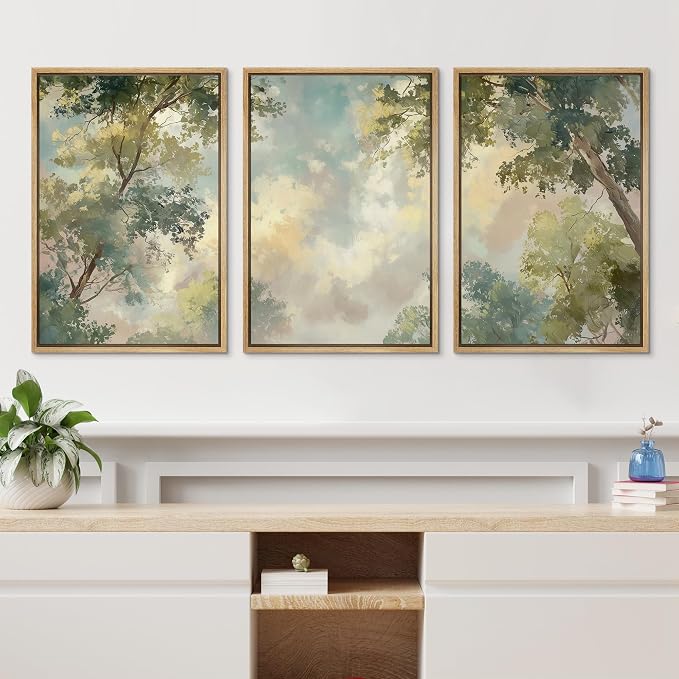 wall26 Framed Print Wall Art Set Soft Pastel Sky and Tree Canopy Abstract Nature Decorative Minimal Relax/Zen for Living Room, Bedroom, Office - 24"x36"x3 NATURAL