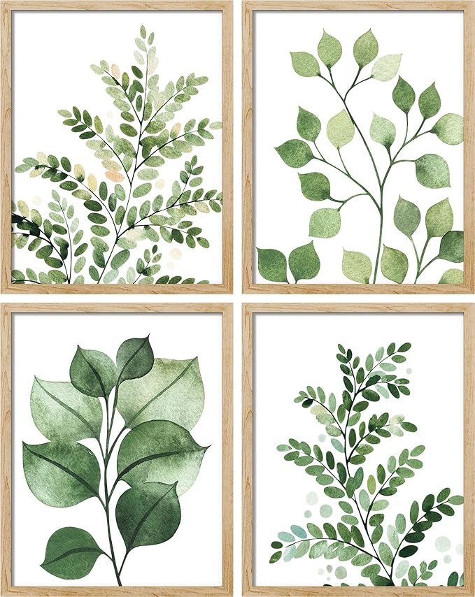 SIGNWIN Framed Green Pastel Forest Fern Leaf Wall Art, Set of 4 Collage Nature Garden Wall Decor Prints, Nature Wilderness Wall D¨¦cor for Living Room, Bedroom - 12"x16" Natural