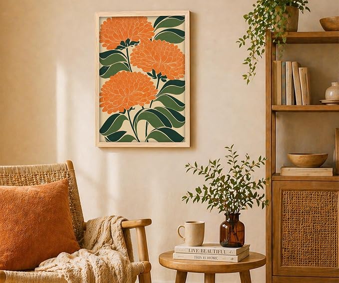 Colorful Art Deco Floral Framed Wall Art Abstract Maximalist Flower Poster Print with Solid Wood Frame, Mid Century Modern Boho Picture Painting Wall Decor for Living Room Bedroom 12x16 Inches