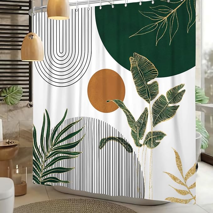 Mid Century Boho Modern Shower Curtain for Bathroom Abstract Sun Arch Geometric Leaves Minimalist Shower Curtain Set Waterproof Polyester Fabric 72x84 Inches