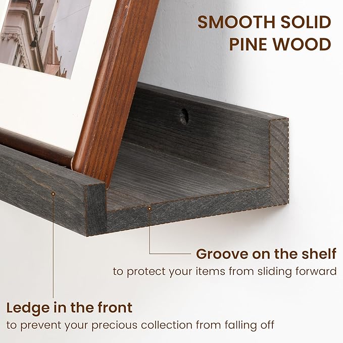 Vivelove Picture Ledge Shelf, Solid Pine Wood Rustic Floating Shelves for Wall, 36 Inch Long Floating Shelves with Lip for Bedroom Kitchen Living Room Nursery Display, Set of 2 (Grey)