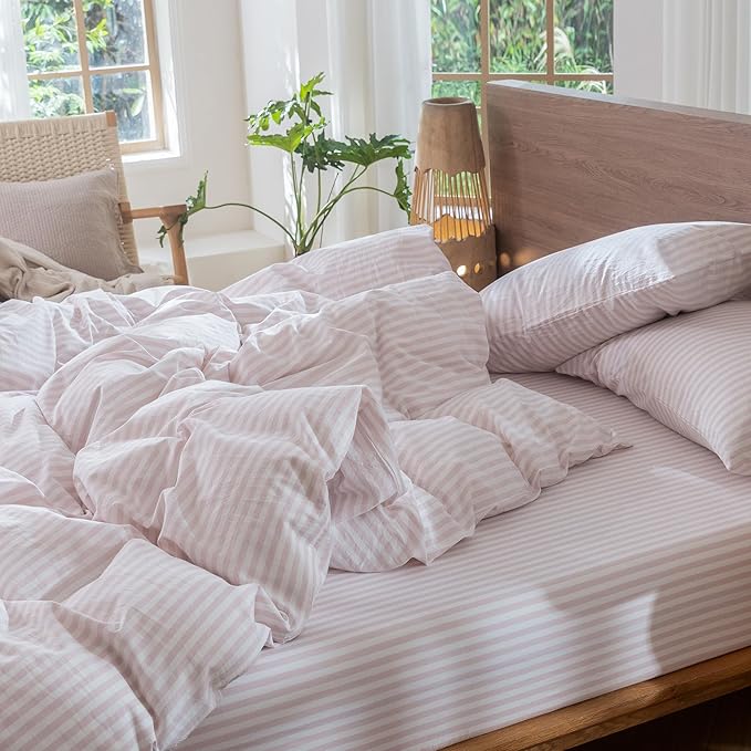 MooMee Striped Duvet Cover Set 100% Washed Cotton Linen Like Textured Breathable Durable Soft Comfy (Heathered Greyish Pink Classic Stripes, Palatial King/Oversized King 120"x98")