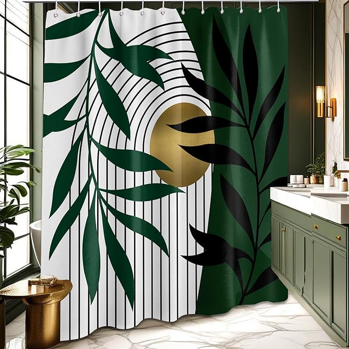 Olive Green and Gold Shower Curtain, Boho Modern Mid Century Shower Curtains for Bathroom Decor, Waterproof Fabric with Hooks, 70" W x 84" L (Pack of 1)
