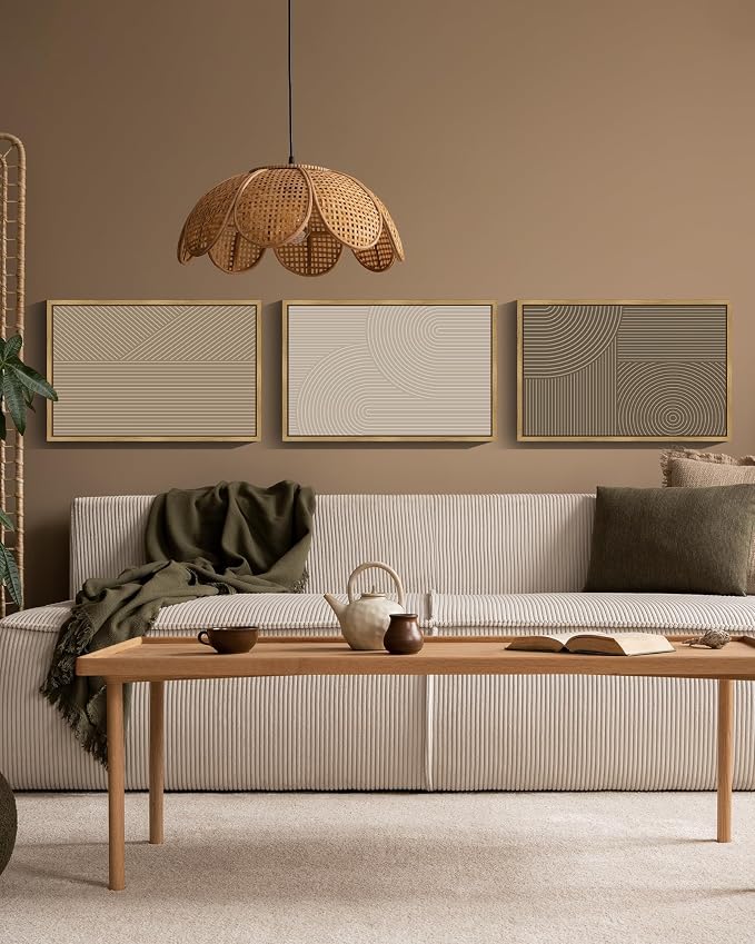 PHOPAGO 16x24in Large Minimalist Abstract Framed Wall Art Modern Boho Neutral Line Wall Decor Geometric Artwork Bedroom Living Room Natural Framed