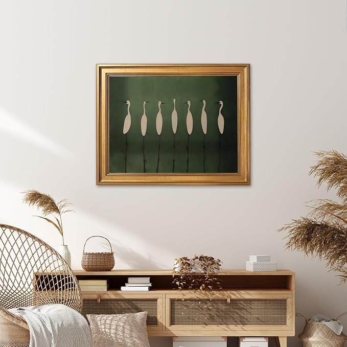 Vintage Crane Canvas Wall Art Prints Elegant White Birds on Deep Green Posters Retro Trendy Heron Painting Modern Minimalist Peaceful Nature Home Decor for Living Room 24x36inch Golden Frame