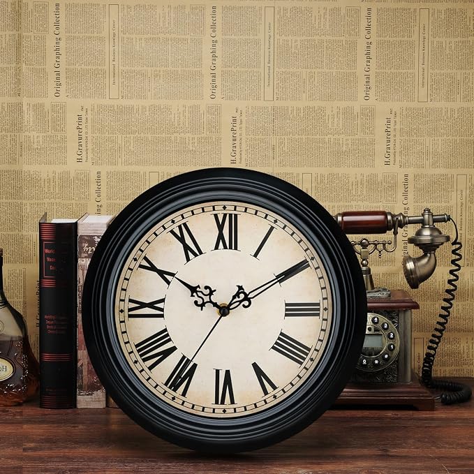 Plumeet Extra Large Retro Wall Clock, 16'' Non Ticking Classic Silent Vintage Wall Clocks Decorative Kitchen Living Room Bedroom, Roman Numerals, Battery Operated, Black