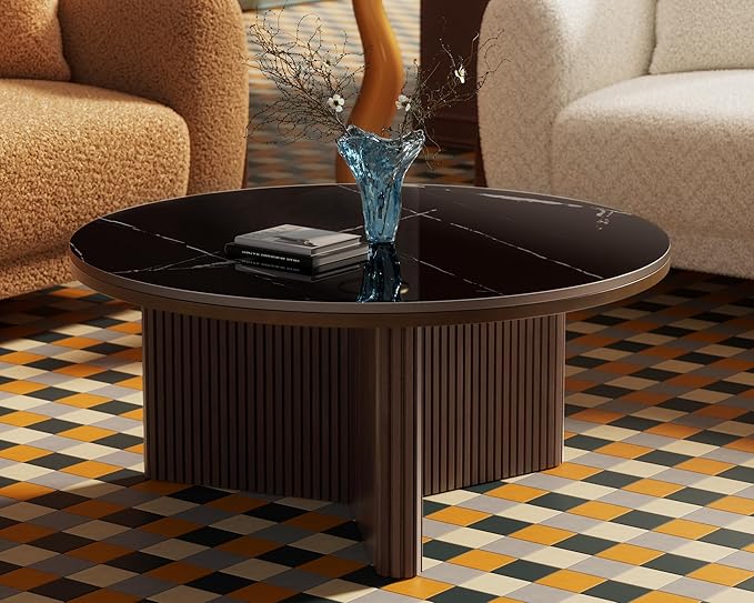 Morden Fort Round Coffee Table for Living Room, Faux Marble Coffee Table Sintered Stone Top & Solid Fluted Wood Base Modern Coffee Circle Table for Apartment Living Room Porch - 33'' Black Top