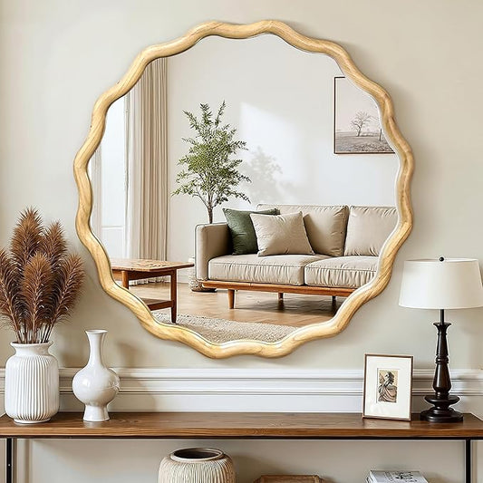 Circle Wood Mirrors for Wall, Wavy Round Bathroom Scalloped Mirror Wooden Frame 30 Inch for Living Room Farmhouse Bedroom Hallway Entryway Living Room with Shatterproof Glass Wall Mounted