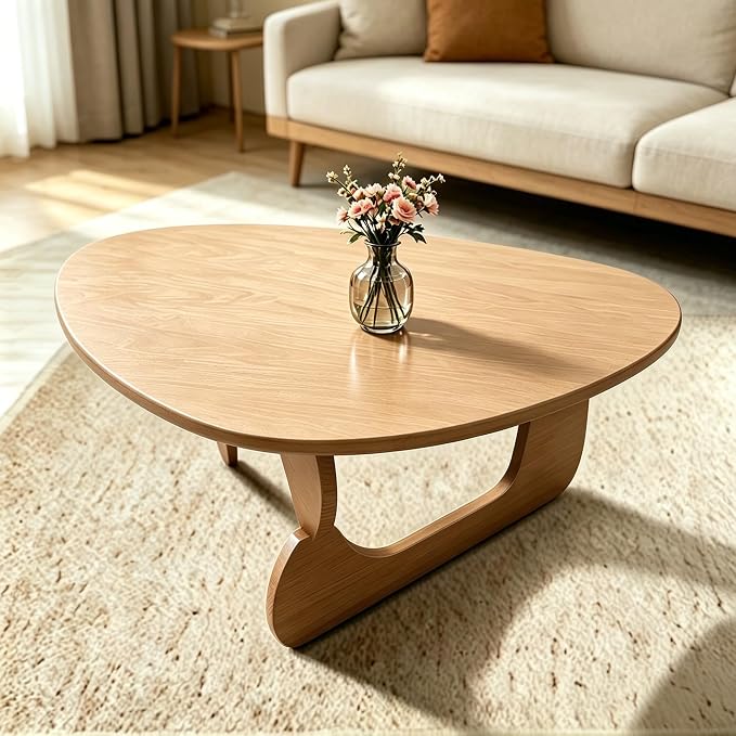 Solid Wood Coffee Table, Mid-Century Modern Triangle Center Table for Living Room, Irregular Natural Wood Tea Table, Fingerprint-Free & Shatterproof, 35.4" L x 22.8" W x 16.5" H