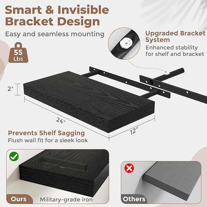 Marsmiles 12" Deep Floating Shelves for Wall with Invisible Brackets, Wall Mounted Engineered Wood Shelves with Wood Grain for Living Room, Bedroom, Kitchen Decor and Storage, 24" L Set of 2, Black