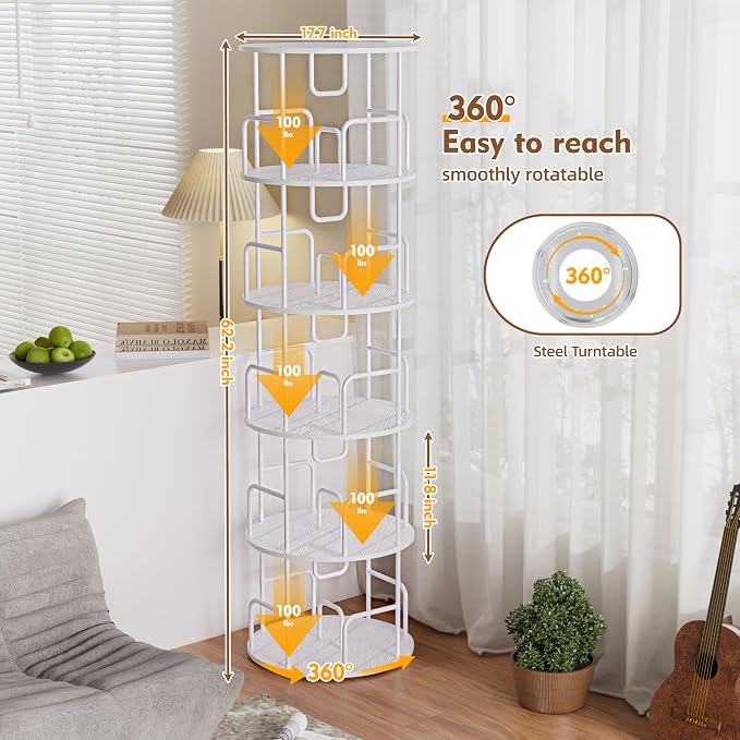 YZU Rotating Bookshelf 5 Tier 360 ° Display Spinning Bookshelf Tower, Revolving Bookcase Narrow Space Saving Swivel Book Shelf Corner Storage Organizer for Bedroom, Living Room Corner, Office