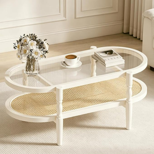 Rattan Coffee Table, Oval Cocktail Table with Glass Top and Solid Wood Frame, Boho Indoor & Outdoor Coffee Table, White, 40 in
