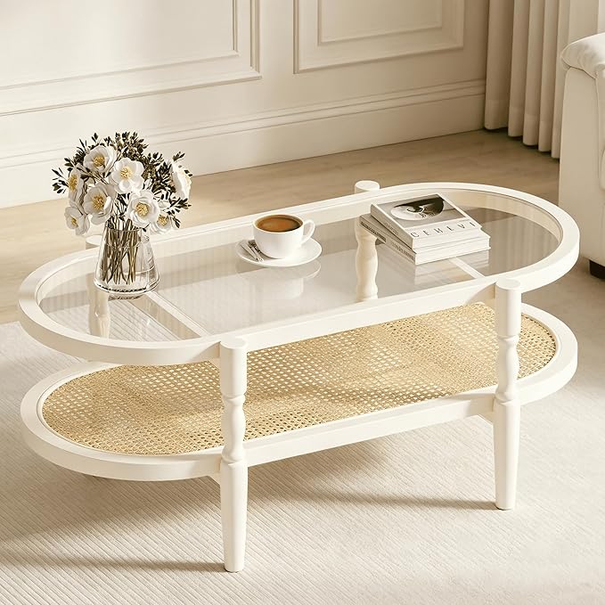 Rattan Coffee Table, Oval Cocktail Table with Glass Top and Solid Wood Frame, Boho Indoor & Outdoor Coffee Table, White, 48 in