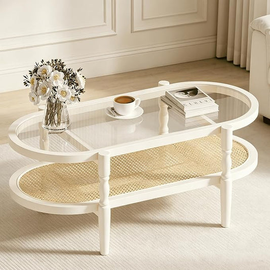 Rattan Coffee Table, Oval Cocktail Table with Glass Top and Solid Wood Frame, Boho Indoor & Outdoor Coffee Table, White, 48 in