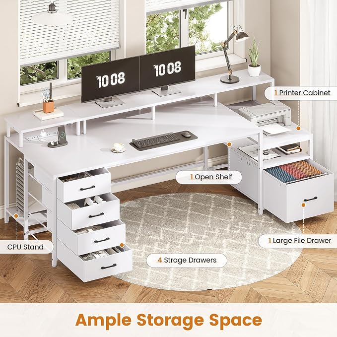 SEDETA White Computer Desk with 5 Drawer & Power Outlet, 75'' Home Office Desk with File Drawer, Storage Shelves, Printer Cabinet and Monitor Shelf, Gaming Desk with Led Lights, 23.6" W Desktop